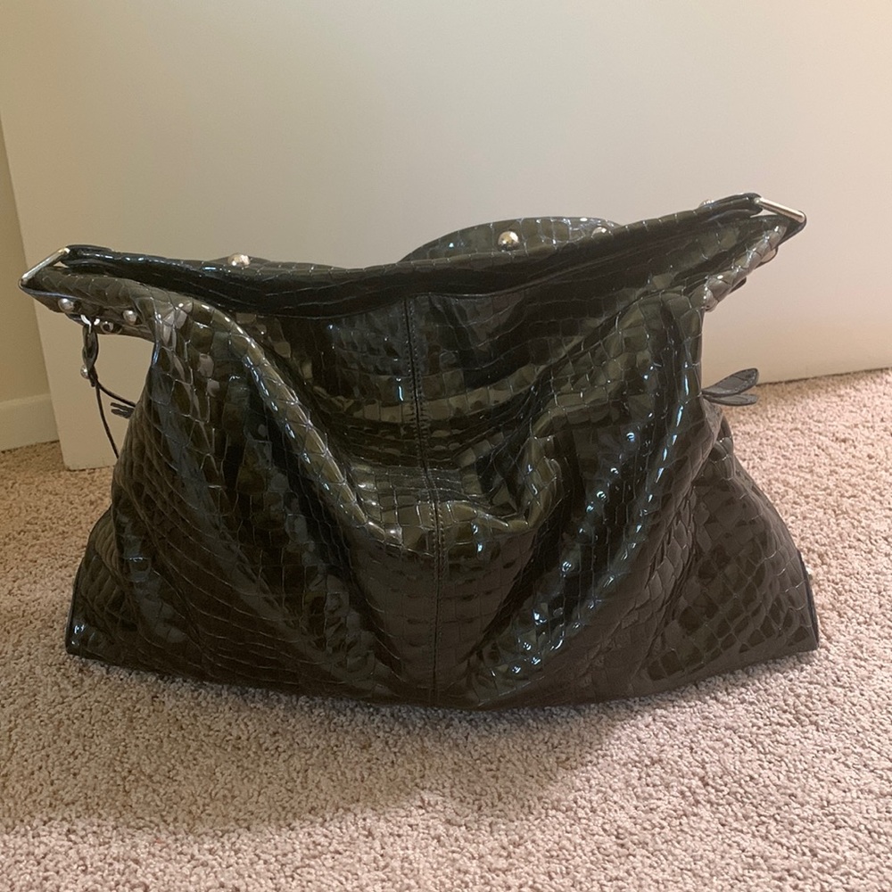 Stuart Weitzman Gunmetal Grey Patent Leather Crocodile Effect Hobo Purse